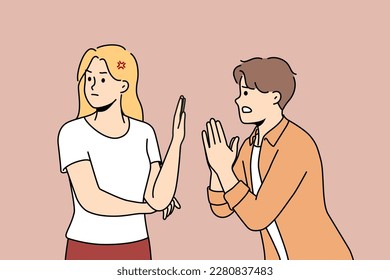 Desperate man ask woman about forgiveness. Stressed male beg girl about second chance. Cheating and forgiving. Relationship problem. Vector illustration. 