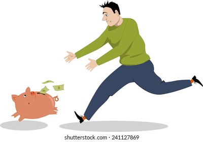 Desperate man chasing a piggy bank, that is running, losing money