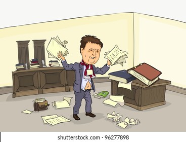 Desperate Man In Court Room With A Pile Of Paper