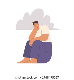 A desperate man covering face with hands while crying. Flat hand drawn illustration. Isolated on a white background.