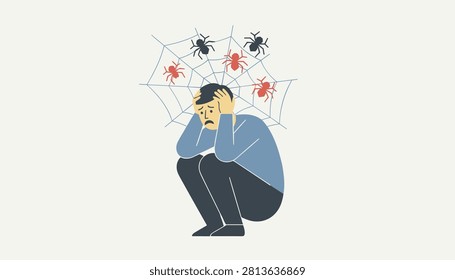 Desperate man crouching in fear as large spiders and cobwebs surround his head, illustrating severe arachnophobia.