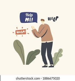Desperate Man in Danger, Life Difficulties and Hardship Concept. Male Character in Need Begging to Help. Finance Problem, Economy Crisis, Help Request, Mutual Aid,. Linear Vector Illustration
