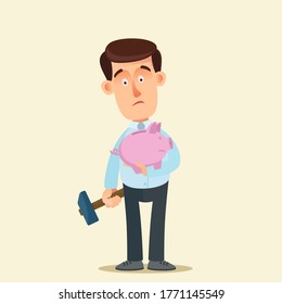 Un hombre desesperado sostiene en una mano un banco de cerdos en la otra un martillo, quiere romper un banco de cerdos. Problemas financieros, crisis económica. Ilustración de vector de negocio, estilo de caricatura plana, aislado.