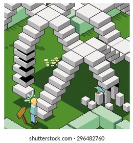 Desperate man looking at giant stairs going way up in the sky (isometric illustration)