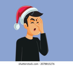 Desperate Man with Santa Hat Feeling Frustrated Vector Cartoon. Adult person making mistakes feeling stressed on winter holidays season
