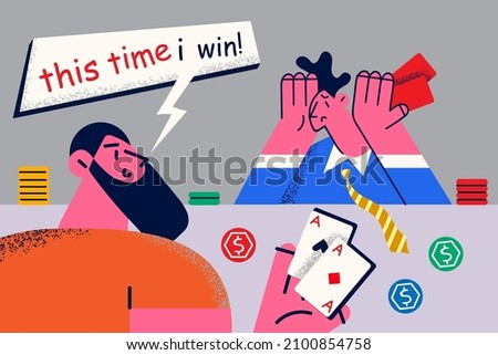 Desperate man sit at poker table addicted to gambling lose money. Male gamer or player hope to win in card game. Obsession addiction to casino entertainment. Flat vector illustration. 