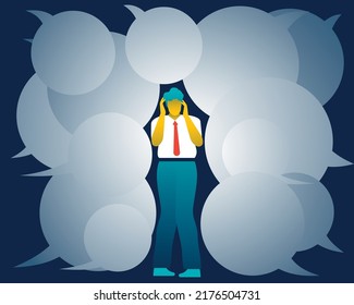 Desperate man surrounded by speech balloons. Fear of other people's opinions concept.Psychology and anxiety of others. Psychological pressure of the judgment of others. Social tension. Male subject. 