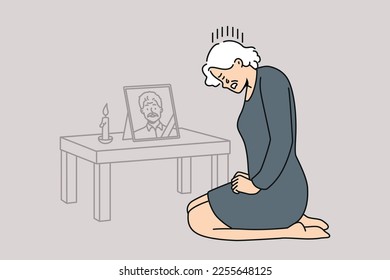 Desperate mature woman crying near husband portrait mourn after deceased spouse. Unhappy elderly grandmother grieve miss passed away grandfather. Vector illustration. 