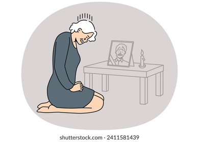 Desperate mature woman crying near husband portrait mourn after deceased spouse. Unhappy elderly grandmother grieve miss passed away grandfather. Vector illustration.