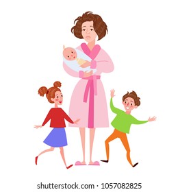 Desperate Mother with Newborn and Children. Tired Cartoon Woman and Romping Kids. Motherhood Concept. Vector illustration