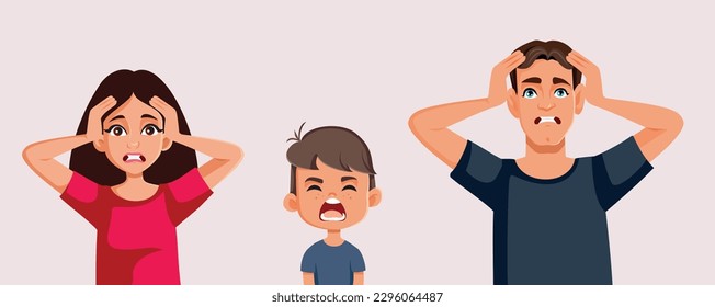 
Desperate Parents Annoyed by their Naughty Son Vector Cartoon Illustration. Stressed mother and father feeling desperate because of angry kid
