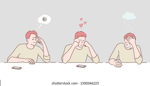 Desperate sad young man looking at bad text message on his mobile phone. Broken heart. Hand drawn style vector design illustrations.