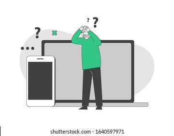 Desperate Senior Man Holding Head Stand Near Huge Laptop And Smartphone Trying To Figure Out With New Technologies. Computer Education For Aged People. Cartoon Flat Vector Illustration, Line Art