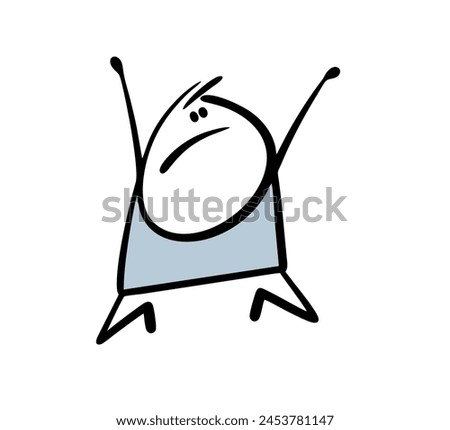 Desperate stickman knelt down and raised his hands to the sky. Vector illustration of a man praying, asking for mercy. Isolated doodle stick gigure boy on white background.