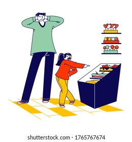 Desperate, Stressed Man with Raging Screaming Kid at Shopping Mall, Daughter Crying in Supermarket Require to Buy Sweets, Father Character Shut Ears. Spoiled Child. Linear People Vector Illustration