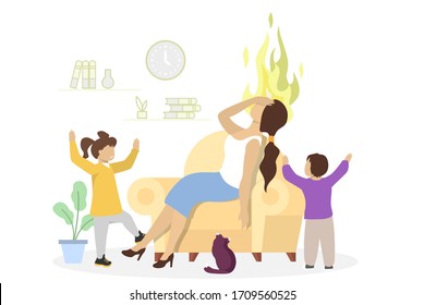 Desperate Stressed Mother With Her Kids Boy And Girl, Vector Flat Illustration. Tired Mom Sitting In Armchair Holding Head And Children Playing Around Her. Mom Burnout.