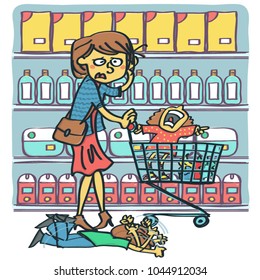 Desperate and stressed woman with two raging kids screaming at shopping mall, colorful vector cartoon. 