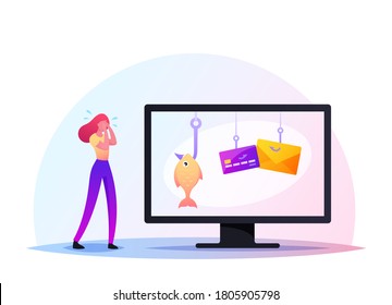 Pequeña y desesperada personalidad femenina llorando cerca de un enorme monitor de computadora con tarjetas de crédito colgando en los ganchos de la pantalla, una mujer víctima de suplantación de identidad (phishing) y un ataque con hackers pierde dinero. Ilustración del vector de dibujos animados