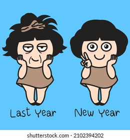 Desperate Tired Girl With Messy Hair Last Year Versus A Reset And Refresh New Girl With Nice Hair On New Year Concept Card Character illustration