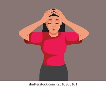 
Desperate Woman Feeling Stressed and Anxious Vector Illustration. Sad unhappy lady with hands on her head making despair gesture 
