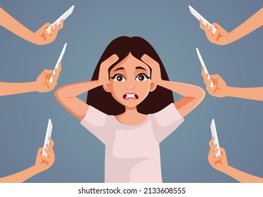 
Desperate Woman Followed by People with Smartphones Vector Cartoon. Girl having a terrible experience on the internet with online attention gone wrong
