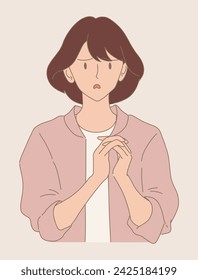 Desperate woman holding hands, begging, hand gesturing, praying, asking for help with pleading, imploring expression. Guilty girl showing sorry. Hand drawn flat cartoon character vector illustration.