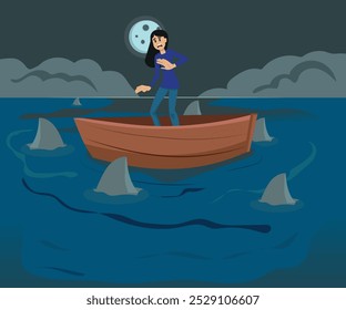 Desperate woman on a boat surrounded by sharks, business competition concept. vector illustration.