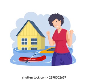 Desperate Woman Standing In Front Of Flooded House. Stressful Female Character Suffering From Negative Emotions. Sinking House, Car And Floating Boat During Deluge In High Water Cartoon Vector