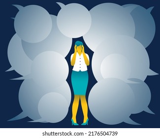 Desperate woman surrounded by speech balloons. Fear of other people's opinions concept. Psychology and anxiety of others. Psychological pressure of the judgment of others. Social tension. 