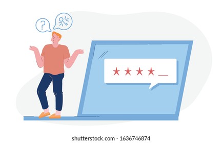 Desperate Young Man Trying to Log into his Computer, User Forgot Password. Male Character Stand at Huge Laptop Keyboard with Hidden Passcode Characters on Screen Cartoon Flat Vector Illustration