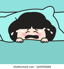 Desperated Woman Crying While Lying On A Pillow In Bed. Sleep Deprivation Symptoms Concept Card Character illustration