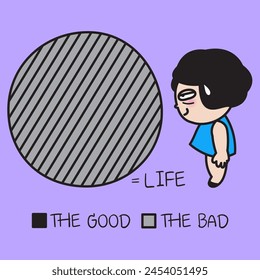 Desperated Young Woman Standing Besides Her Good And Bad Life Pie Chart Concept Card Character illustration