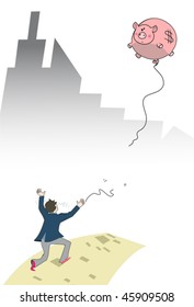 despered man running a pig-shaped balloon