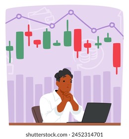 Despondent Cryptocurrency Trader Male Character Slumps Over his Laptop, Eyes Fixed On Falling Numbers and Candlestick Points, Shoulders Weighed Down By Market Loss. Cartoon People Vector Illustration