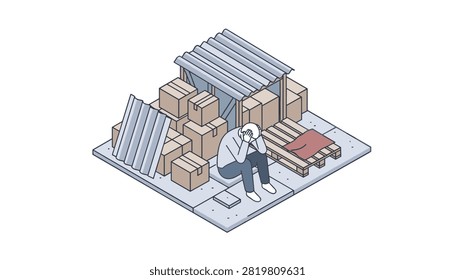 Despondent man sitting on a makeshift seat surrounded by cardboard boxes and metal sheets in a poor temporary shelter.
