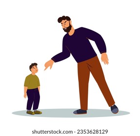 Padre despótico y tiránico reprecia el regañamiento del Hijo Pequeño Llorando. Pena cruel para el Niño. Padre psicópata creando un trauma psicológico para el Niño. Grito agresivo de hombre. Vector plano Ilustración