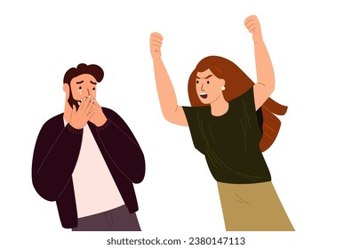Despotic , tyrannous Woman beating Crying Scared Man.Cruel Punisment,toxic relationship.Psychopathic Woman and Victim Man in co-dependent relationship.Agressive Woman Shouting.Flat vector Illustration