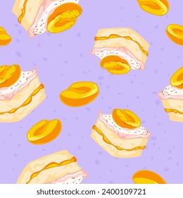 Dessert with apricot slices, tasty dessert served in shop or restaurant. Pie with cream and jam filling, mousse on top. Seamless pattern or wallpaper print for cafe or store. Vector in flat style