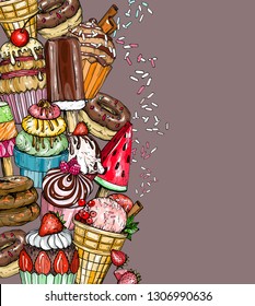 Dessert Background with Cakes and ice cream, baked dessert set, vector illustration