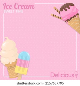 Fondo de postre, diseño con helado, texto y marco sobre fondo rosado punto polka.