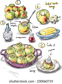 Dessert baked apples. Step by step recipe of dessert apples with sugar and cinnamon baked in the oven. Dietary and baby food, homemade food.