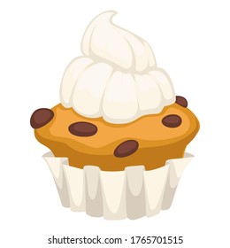 Dessert baked in bakery, cupcake decoration with whipped cream or mousse. Cooked cake with raisins, snacks sweets in cafe or restaurant. Menu icon, homemade treat, confectionery vector in flat