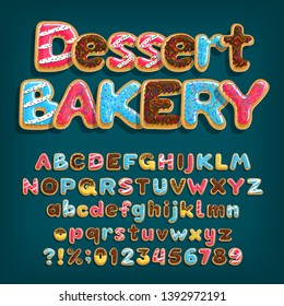 Dessert Bakery Alphabet Font. Uppercase And Lowercase Dessert Letters. Letters, Numbers And Symbols With Glazed Donuts. Stock Vector Illustration.