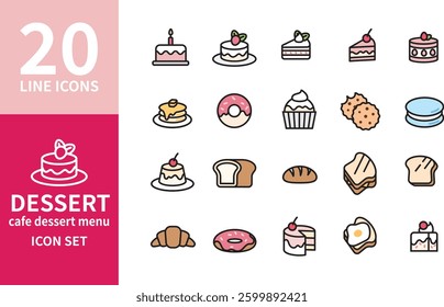 Dessert and Bakery Icon Set  20 Line Icons for Cafe, Cake, and Pastry Menu