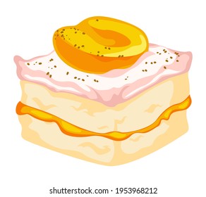 Dessert in bakery shop, sweet confectionery in store or shop. Menu in restaurant or cafe. Isolated baked pie with cream, jam and peach fruit. Recipe of yummy cake with mouse. Vector in flat style