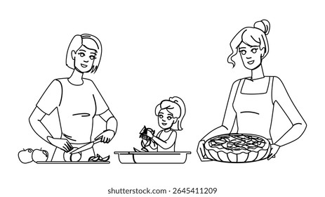 vetor de torta de maçã de cozimento de sobremesa. início caseiro, top doce, canela de fruta sobremesa assar carater de torta de maçã. pessoas linha preta lápis desenho ilustração