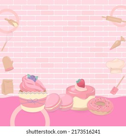 Dessert And Baking Tools Background With Brick Wall And Space For Copy Text.