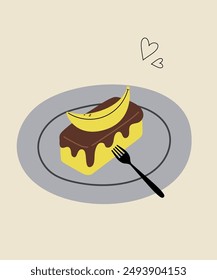 Dessert Banana Cake with Chocolate Cream and Fork