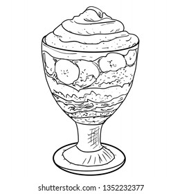 Dessert with banana and cream, chocolate, in a glass a contour of black color isolated on a white background, stock vector illustration for design and decoration, menu, sticker, print, dessert