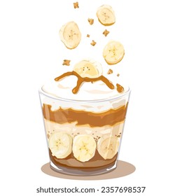 A dessert with banana, whipping cream and caramel, banoffee pie in glass cup cartoon vector Illustration flat design